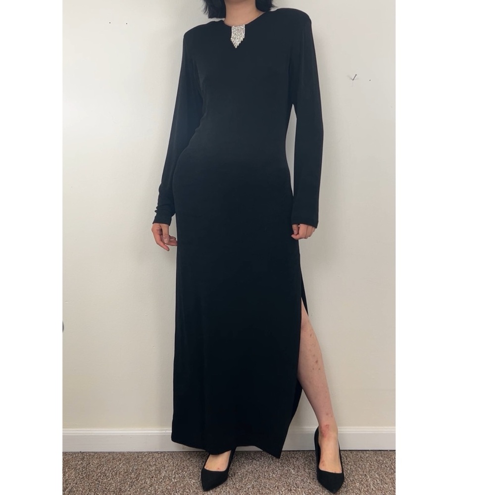 Vintage Magic Black Long Sleeve Gown with Open Back Design